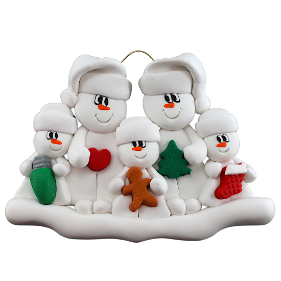 Family ornament with 2 large and 3 small snowmen in hats, holding holiday objects.
