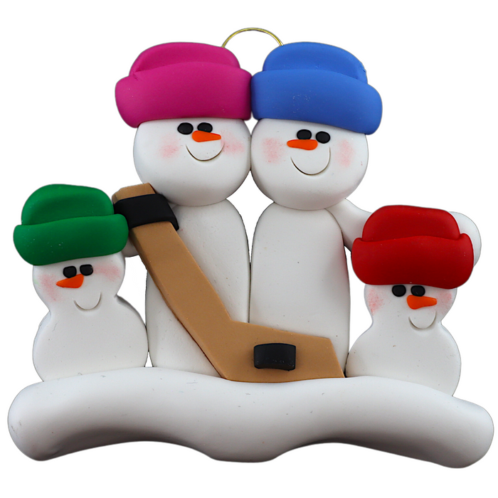 Family ornament with 4 white snowmen in bright hats, holding a hockey stick.