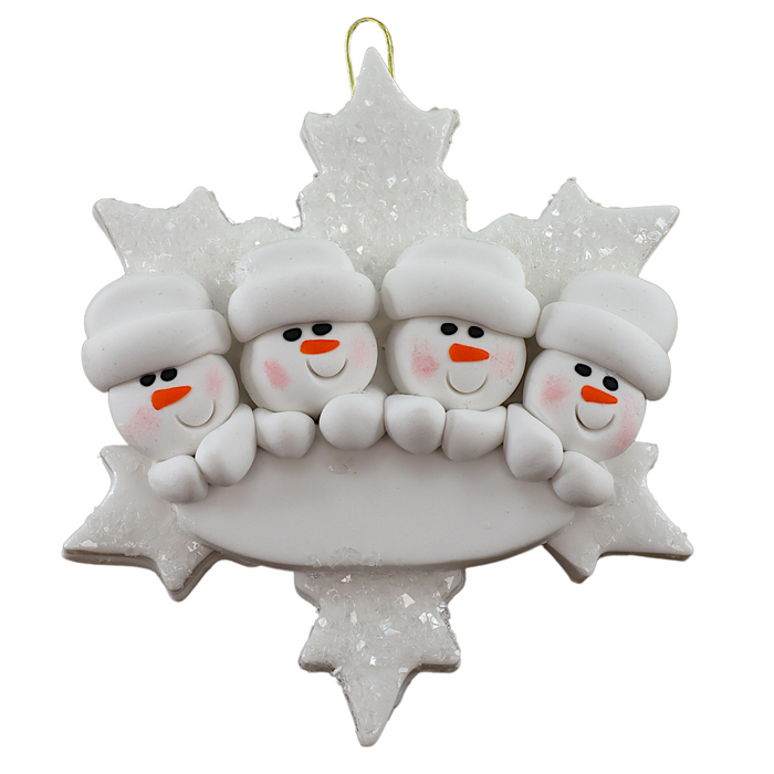 Family ornament with 4 white snowmen stacked on top of a glitter white snowflake.