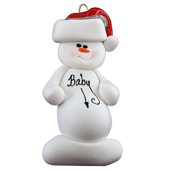 Ornament of white snowman in red hat with a round stomach that says “baby”.