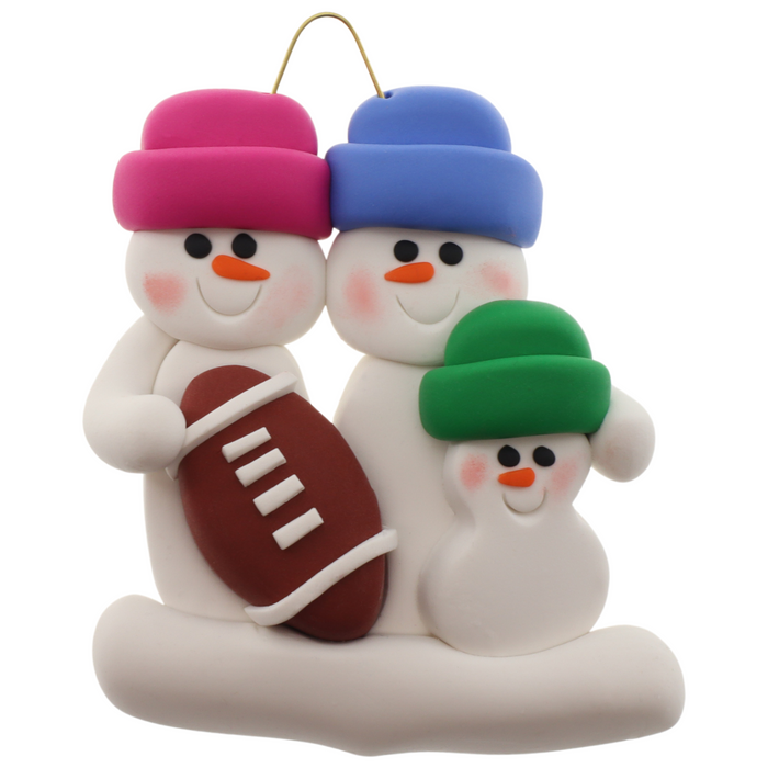 Family ornament with 3 white snowmen in bright hats with a football.