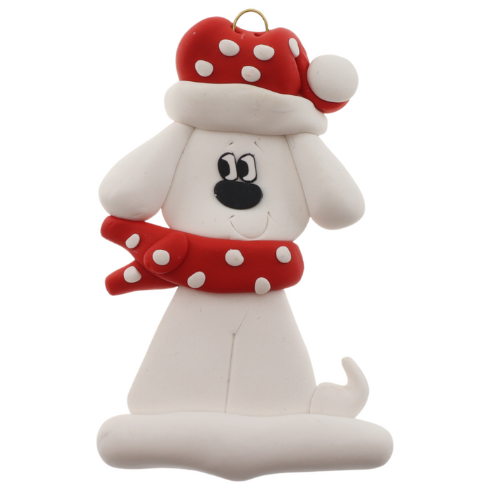 Ornament of white dog in a red and white polka dot Christmas hat and scarf.