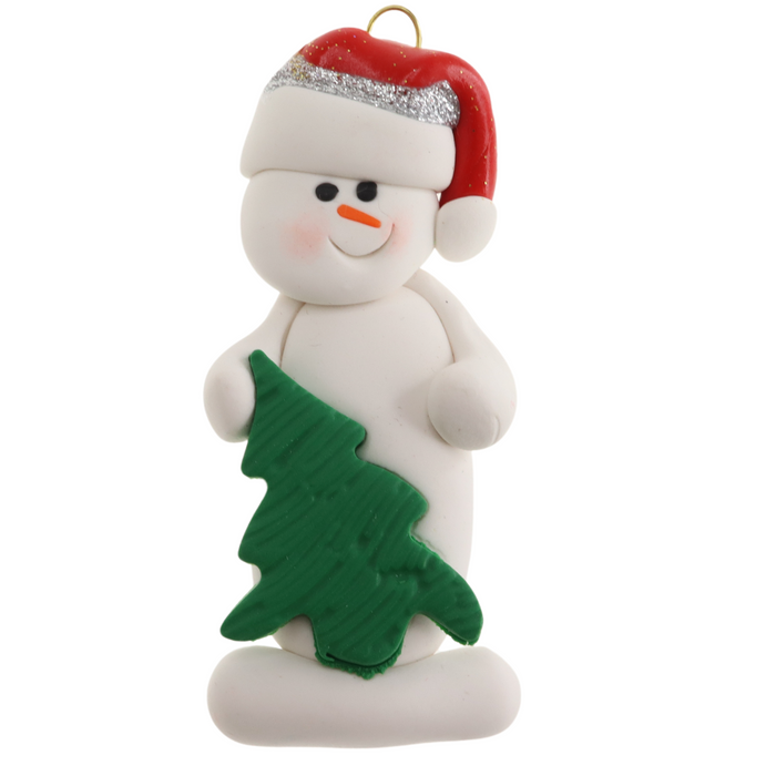 White snowman in red festive hat with green Christmas tree ornament.