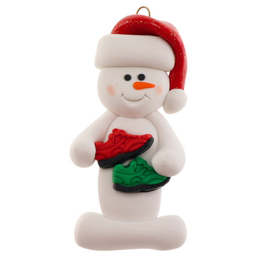 Snowman in red hat with running shoes.
