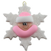 Baby ornament with infant face and pink hat on glittery white snowflake base.