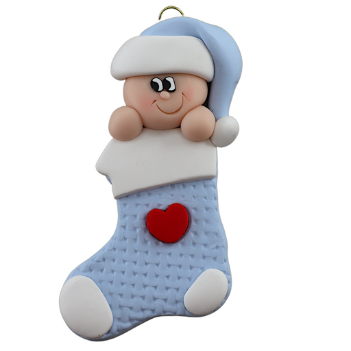 Ornament with infant head in a blue hat poking out of a blue stocking.