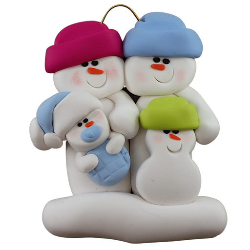 Family ornament with 2 large, 1 small, and 1 infant snowman in blue.