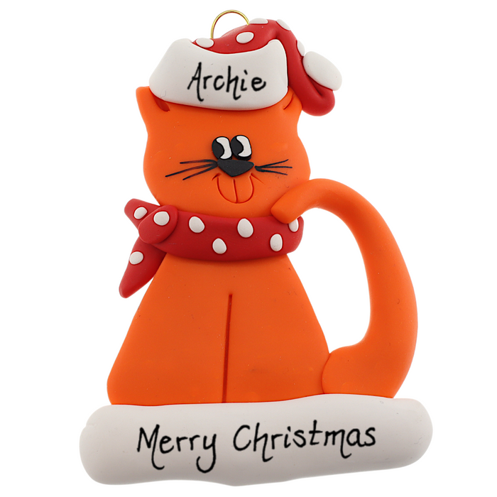 Ornament of orange cat in red and white polka dot Christmas hat and scarf, personalized with name.