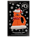 Ornament of orange cat in red and white polka dot Christmas hat and scarf, on display backing card.