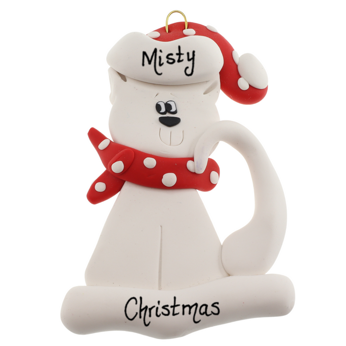 Ornament of white cat in red and white polka dot Christmas hat and scarf, personalized with name.