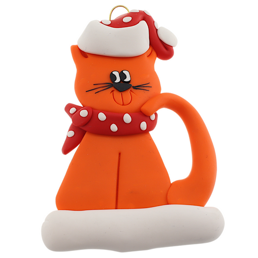 Ornament of orange cat in red and white polka dot Christmas hat and scarf.