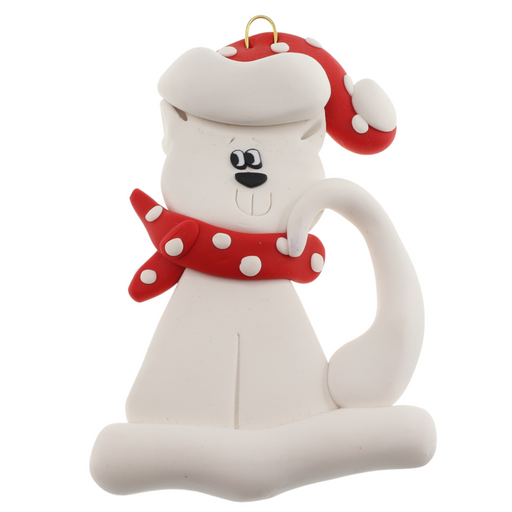 Ornament of white cat in red and white polka dot Christmas hat and scarf.