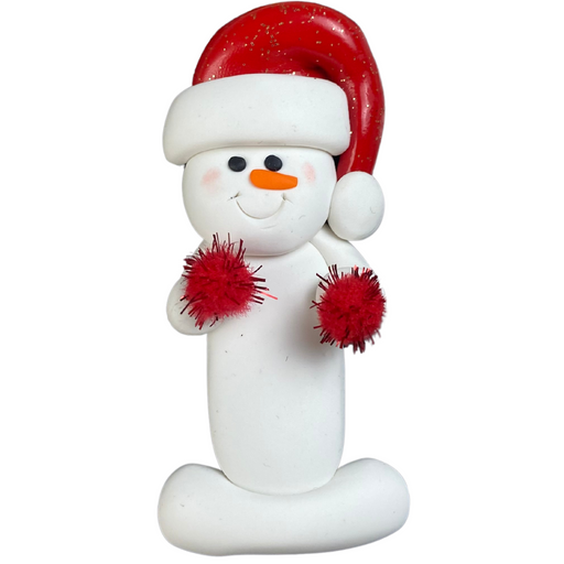 Ornament of white snowman in red hat holding red cheerleader pom-poms.