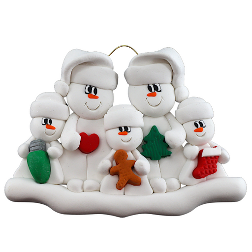 Family ornament with 2 large and 3 small snowmen in hats, holding holiday objects.