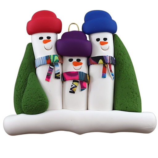 Family ornament with 3 snowmen in colourful scarves and hats, hemmed by Christmas trees.