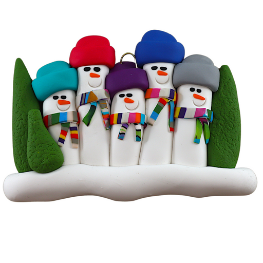 Family ornament with 5 snowmen in colourful scarves and hats, hemmed by Christmas trees.