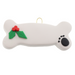Ornament of dog bone with holly and paw print.
