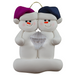 A couple’s ornament of two white snowmen holding a plastic diamond.