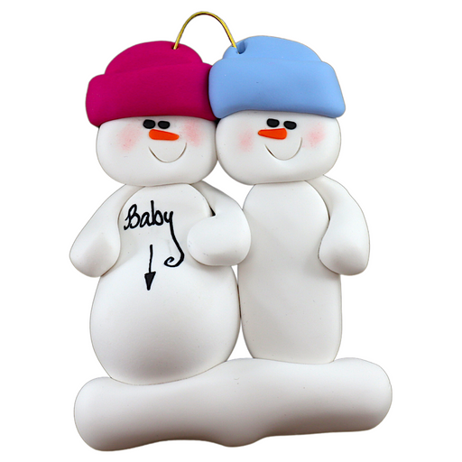 Family ornament with 2 snowmen in bright hats, one pregnant.