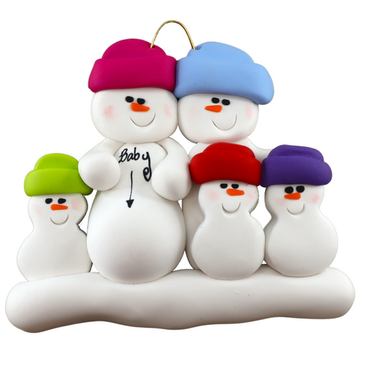Family ornament with 5 snowmen in bright hats, one pregnant.