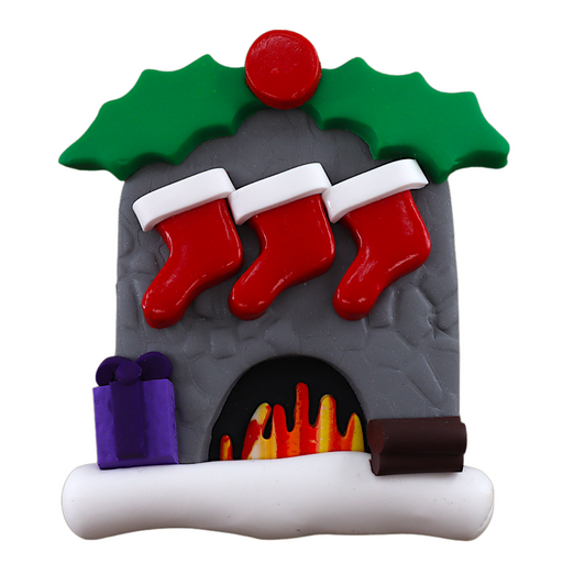Vibrant fireplace ornament with holly and Christmas presents, displaying 3 red stockings.