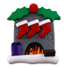 Vibrant fireplace ornament with holly and Christmas presents, displaying 3 red stockings.