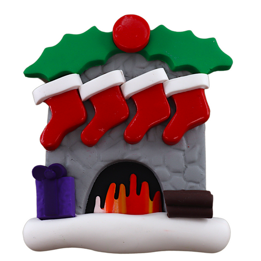 Vibrant fireplace ornament with holly and Christmas presents, displaying 4 red stockings.