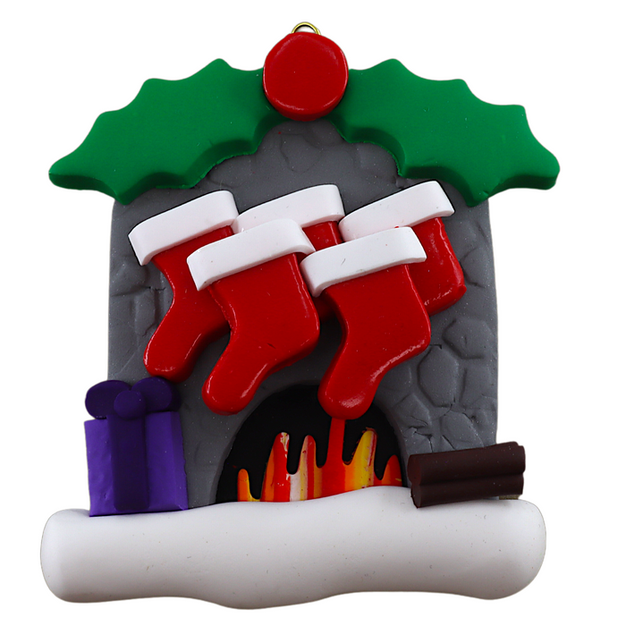 Vibrant fireplace ornament with holly and Christmas presents, displaying 5 red stockings.