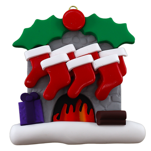 Vibrant fireplace ornament with holly and Christmas presents, displaying 7 red stockings.