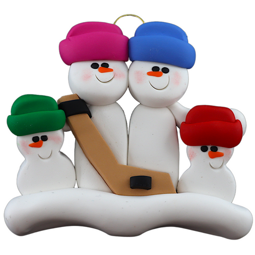 Family ornament with 4 white snowmen in bright hats, holding a hockey stick.
