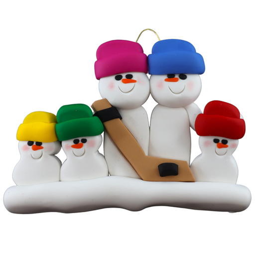 Family ornament with 5 white snowmen in bright hats, holding a hockey stick.
