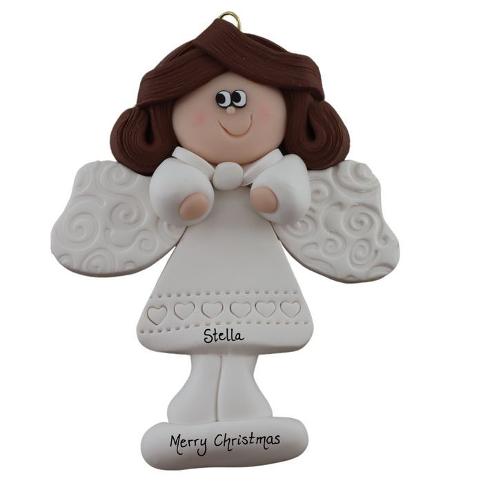 Angel wearing white with brown hair ornament, personalized with name.