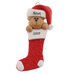 Ornament of bear head poking out of a red stocking, personalized with name.