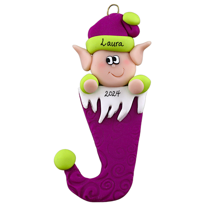 Elf poking out of magenta stocking ornament, personalized with name.