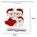 Family ornament with 3 white snowmen in red hats, gathered around a red maple leaf, graphed to show size (8x9cm).
