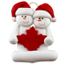 Family ornament with 2 white snowmen in red hats, gathered around a red maple leaf.