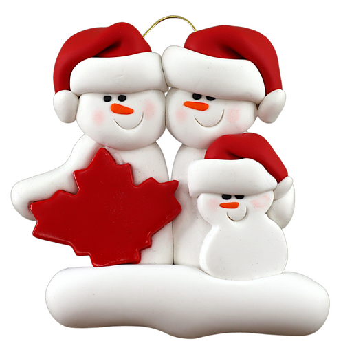 Family ornament with 3 white snowmen in red hats, gathered around a red maple leaf.