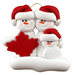Family ornament with 3 white snowmen in red hats, gathered around a red maple leaf.