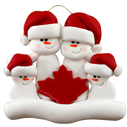 Family ornament with 4 white snowmen in red hats, gathered around a red maple leaf.