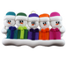 Family ornament with 5 white snowmen in colourful hats holding matching presents.
