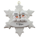 Family ornament with 2 white snowmen stacked on top of a glitter white snowflake, personalized with names.
