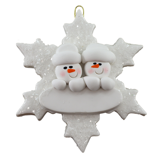 Family ornament with 2 white snowmen stacked on top of a glitter white snowflake.