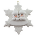 Family ornament with 2 white snowmen stacked on top of a glitter white snowflake.