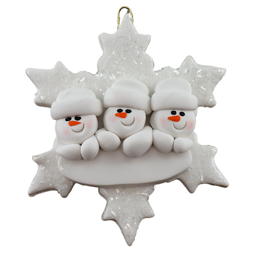 Family ornament with 3 white snowmen stacked on top of a glitter white snowflake.