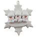 Family ornament with 3 white snowmen stacked on top of a glitter white snowflake.