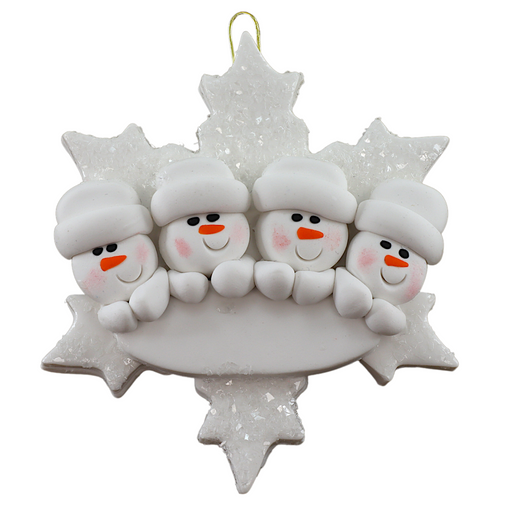 Family ornament with 4 white snowmen stacked on top of a glitter white snowflake.
