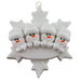 Family ornament with 4 white snowmen stacked on top of a glitter white snowflake.