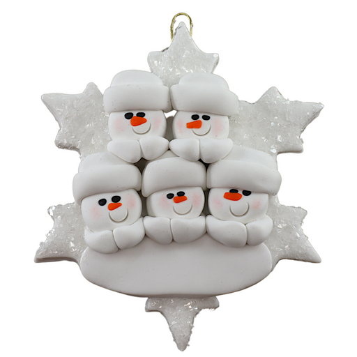 Family ornament with 5 white snowmen stacked on top of a glitter white snowflake.