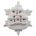 Family ornament with 5 white snowmen stacked on top of a glitter white snowflake.
