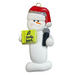 Ornament of white snowman in red hat holding a microphone and green music book.